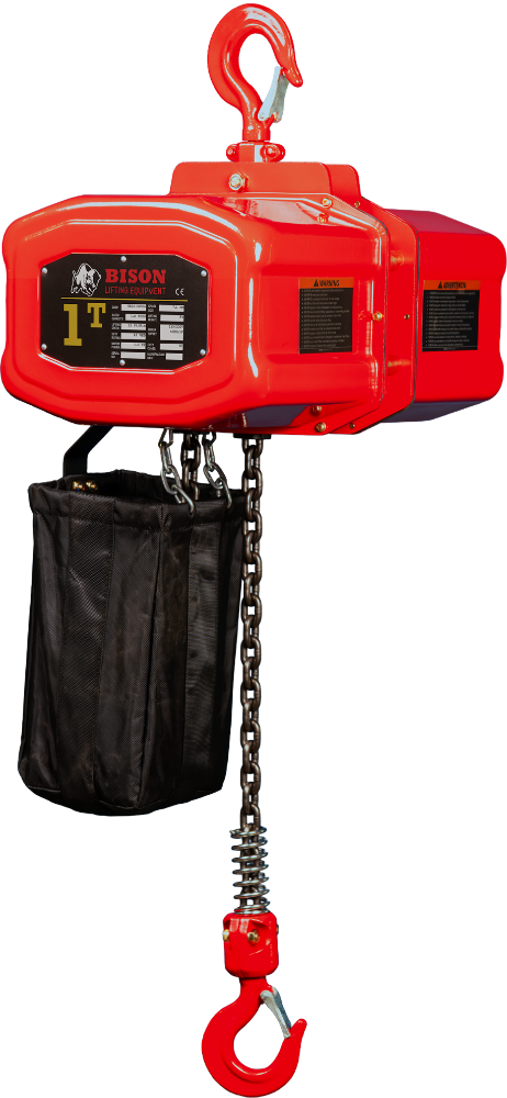 Red electric chain hoist 3/4 angled view chain bag and top hook mount visible