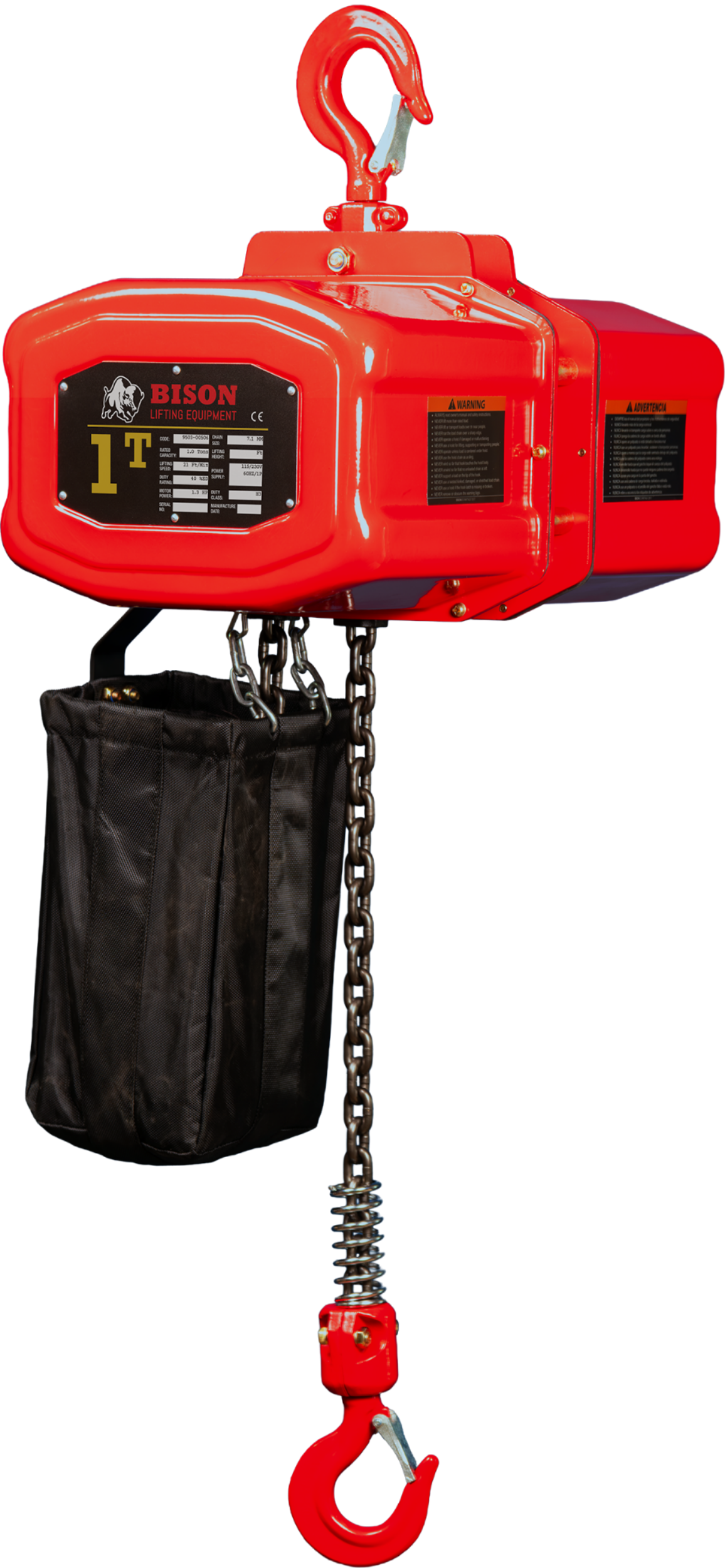 Red electric chain hoist 3/4 angled view chain bag and top hook mount visible